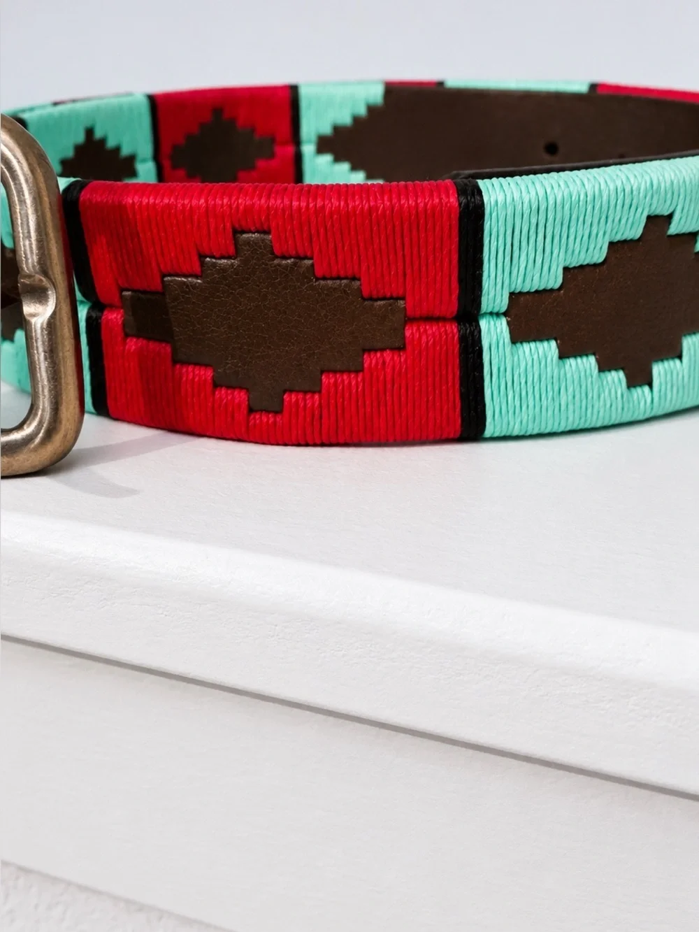 Argentina Polo Club Handwoven Leather Belt Pink & Turquoise Geometric Pattern